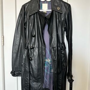 Diesel Women's Black Leather Trench Coat with Patterned Lining